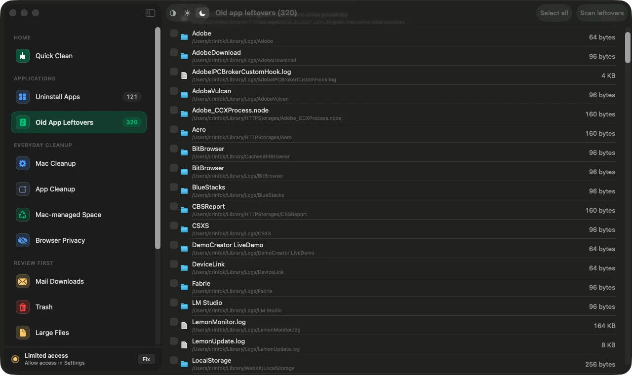 Magic Broom App Cleanup screen for leftover app files