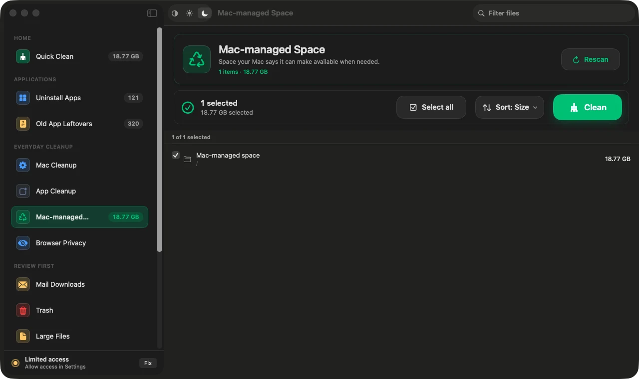 Magic Broom Mac-managed Space screen